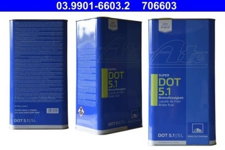 Фото автозапчасти тормозная жидкость DOT5.1 (5л) [сухая: 265°C, влажная: 180°C, вязкость: 750мм2/сек] - замена каждые 3 года ATE 03.9901-6603.2