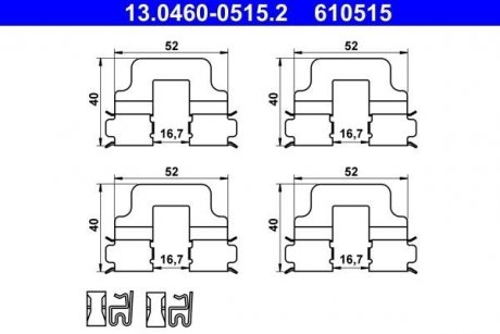Комплект крепления задних тормозных колодок ABARTH 500 / 595 / 695; ALFA ROMEO 147, 156, GT; FIAT 500, PUNTO; LANCIA LYBRA 0.9-Electric 02.97- ATE 13.0460-0515.2