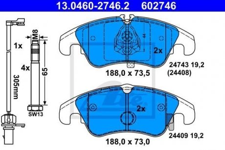 Комплект гальмівних колодок передній (з напрямними гвинтами гальмівного супорта) AUDI A4 ALLROAD B8, A4 B8, A5 1.8-4.2 06.07-01.17 ATE 13.0460-2746.2 (фото 1)
