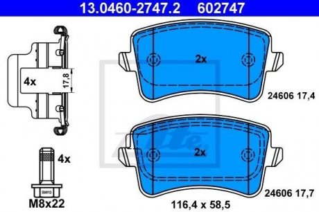 Комплект тормозных колодок задний (с аксессуарами; с направляющими винтами тормозного суппорта) AUDI A4 ALLROAD B8, A4 B8, A5, Q5 1.8-3.2 06.07-05.17 ATE 13.0460-2747.2 (фото 1)