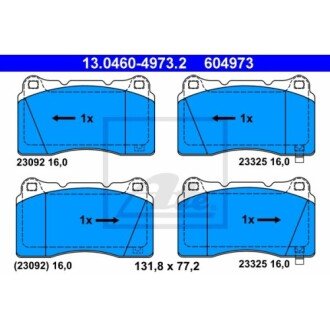 Фото автозапчасти комплект тормозных колодок передний CHEVROLET CORVETTE; CHRYSLER 300C; DODGE CHALLENGER, CHARGER; HONDA CIVIC X; MITSUBISHI CARISMA, LANCER VI, LANCER VII, LANCER VIII 1.8-Electric 01.98- ATE 13.0460-4973.2