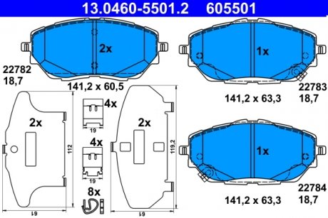 Комплект тормозных колодок передний TOYOTA C-HR, COROLLA 1.2/1.8H/2.0H 10.16- ATE 13.0460-5501.2