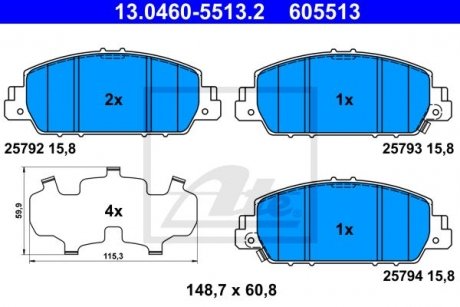 Комплект тормозных колодок передний HONDA HR-V 1.5/1.6D 01.15- ATE 13.0460-5513.2 (фото 1)
