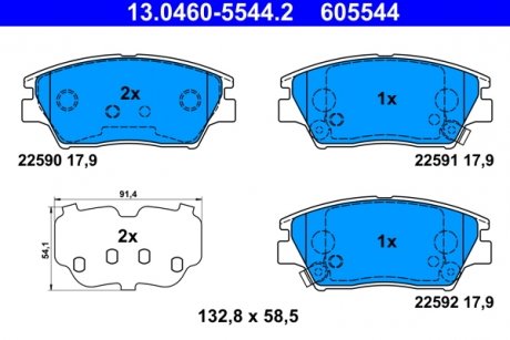 Комплект гальмівних колодок передній (з демпфером) SSANGYONG TIVOLI, TIVOLI GRAND, XLV 1.5-1.6LPG 03.15- ATE 13.0460-5544.2