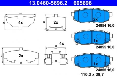 Комплект тормозных колодок задних SUBARU FORESTER, LEGACY V, OUTBACK, TRIBECA 2.0-3.6 01.05- ATE 13.0460-5696.2