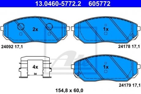 Комплект тормозных колодок передний KIA SORENTO I 2.4-3.5 08.02-12.11 ATE 13.0460-5772.2