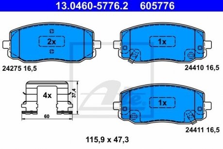 Комплект тормозных колодок передний HYUNDAI I10 I, I20 I; KIA PICANTO I 1.0-1.6 04.04- ATE 13.0460-5776.2
