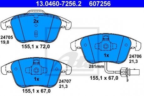 Комплект тормозных колодок передний AUDI A4 ALLROAD B8, A4 B8, A5 1.8-3.2 06.07-01.17 ATE 13.0460-7256.2