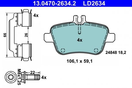 Комплект тормозных колодок задних MERCEDES CLA (C117), CLA SHOOTING BRAKE (X117), GLA (X156) 2.0/2.2D 07.13- ATE 13.0470-2634.2
