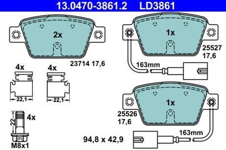 Комплект тормозных колодок керамическая спинка ALFA ROMEO MITO; FIAT BRAVO II, MULTIPLA, STILO; LANCIA DELTA III 0.9-2.4 04.99-10.18 ATE 13.0470-3861.2