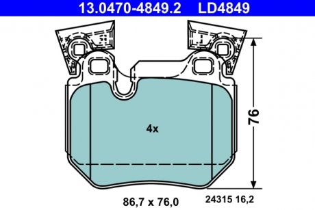 Комплект тормозных колодок керамическая спинка BMW 1 (E82), 1 (E88) 3.0 10.07-10.13 ATE 13.0470-4849.2 (фото 1)