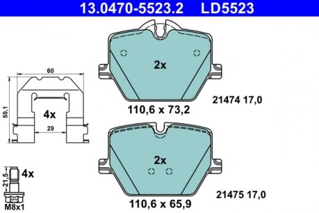 Комплект гальмівних колодок керамічна спинка BMW 2 (G42), 3 (G20, G80, G28), 3 (G21), 3 (G21, G81), 4 (G22, G82), 4 (G23, G83), 4 GRAN COUPE (G26), Z4 (G29); TOYOTA SUPRA 1.6-3.0DH 11.18- ATE 13.0470-5523.2 (фото 1)