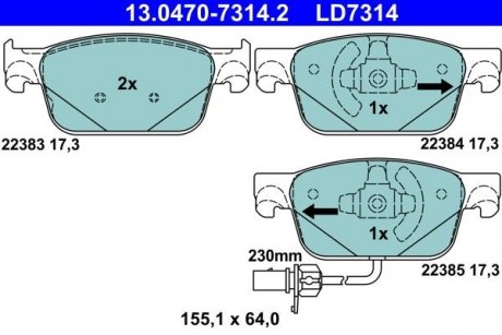 Колодки тормозные AUDI A4/A4 ALLROAD/A5 1.4-3.0D >2015 155.1x94x17.3mm передний датчик ATE 13.0470-7314.2 (фото 1)