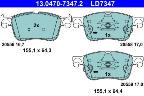 Комплект гальмівних колодок керамічний фасад FORD FOCUS IV, KUGA III, PUMA 1.0-2.0DH 01.18- ATE 13.0470-7347.2