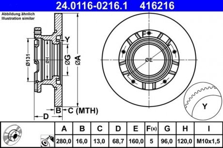 Тормозной диск задний левая/правая (с кольцом АБС) FORD TRANSIT, TRANSIT TOURNEO 2.2D 04.06-08.14 ATE 24.0116-0216.1 (фото 1)