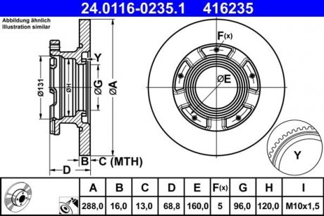 Тормозной диск задний левая/правая (с кольцом АБС) FORD TOURNEO CUSTOM V362, TRANSIT CUSTOM V362, TRANSIT V363 1.0H-2.2D 04.12- ATE 24.0116-0235.1