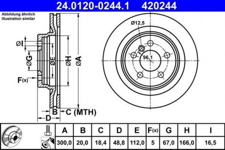 Тормозной диск задний левая/правая BMW 1 (F40), 2 (F45), 2 GRAN COUPE (F44), 2 GRAN TOURER (F46), X1 (F48), X2 (F39); CADILLAC FLEETWOOD; MINI CLUBMAN (F54), COUNTRYMAN (F60) 1.5-5.7D 10.84- ATE 24.0120-0244.1 (фото 1)
