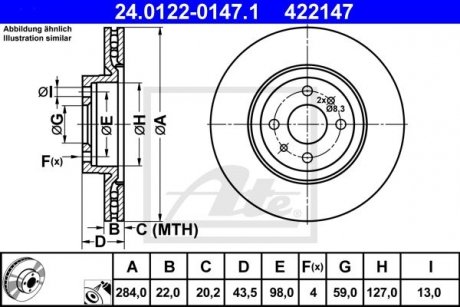 Тормозной диск передний левый/правый ABARTH 500 / 595 / 695, 500C / 595C / 695C; ALFA ROMEO 155; CITROEN NEMO, NEMO/MINIVAN; FIAT BRAVO I, BRAVO II, COUPE, CROMA, DOBLO 1.3D-3.0 07.86- ATE 24.0122-0147.1 (фото 1)