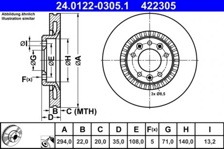 Гальмівний диск задній лівий/правий CITROEN JUMPY, SPACETOURER; OPEL VIVARO C, ZAFIRA LIFE; PEUGEOT EXPERT, TRAVELLER; TOYOTA PROACE, PROACE VERSO 1.5D-Electric 02.16- ATE 24.0122-0305.1 (фото 1)