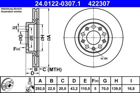 Тормозной диск задний левая/правая ALFA ROMEO 159, GIULIA, STELVIO 1.9D/2.0/2.2D 09.05- ATE 24.0122-0307.1 (фото 1)