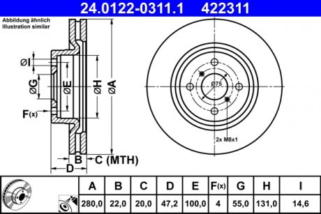Гальмівний диск передній лівий/правий TOYOTA YARIS 1.5/1.5H 03.12- ATE 24.0122-0311.1 (фото 1)
