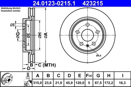 Тормозной диск задний левая/правая OPEL INSIGNIA B, INSIGNIA B COUNTRY, INSIGNIA B GRAND SPORT 1.5-2.0D 03.17- ATE 24.0123-0215.1 (фото 1)