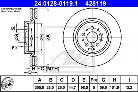 Гальмівний диск передній лівий/правий ALFA ROMEO 147, 156, GTV, SPIDER 3.0/3.2 09.94-03.10 ATE 24.0128-0119.1
