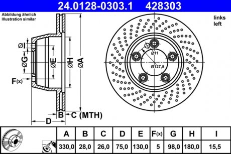 Гальмівний диск задній ліва PORSCHE 911, 911 TARGA 3.0 11.15-12.19 ATE 24.0128-0303.1 (фото 1)