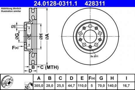 Тормозной диск передний левый/правый ALFA ROMEO GIULIA 2.0/2.2D 10.15- ATE 24012803111