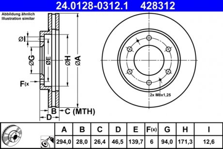 Тормозной диск передний левый/правый FIAT FULLBACK; MITSUBISHI L200 / TRITON, PAJERO SPORT II 2.2D-3.5 11.05- ATE 24.0128-0312.1