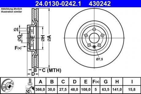Тормозной диск передний левый/правый VOLVO XC60 II, XC90 II 2.0-2.0H 09.14- ATE 24.0130-0242.1 (фото 1)