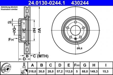 Гальмівний диск передній лівий/правий AUDI A4 ALLROAD B9, A4 B8, A4 B9, A5, A6 ALLROAD C8, A6 C8, A7, Q5 1.4-3.0H 11.07- ATE 24.0130-0244.1 (фото 1)