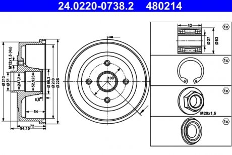 Задний тормозной барабан OPEL CORSA C, TIGRA 1.0-1.8 09.00-06.12 ATE 24.0220-0738.2 (фото 1)