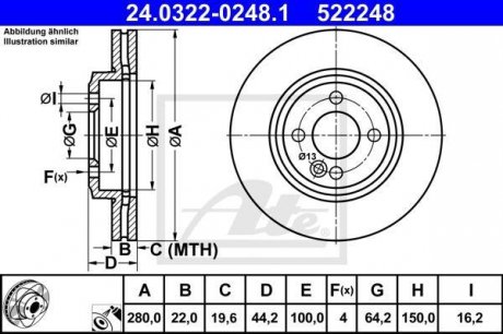 Гальмівний диск, PowerDisc, вентильований, прорізний, передній; лівий/правий, ср. зовнішній 280 мм, тис. 22 мм, 1 шт. MINI (R56), (R57), (R58), (R59), CLUBMAN (R55) 1.4-2.0D 09.06-06.15 ATE 24.0322-0248.1