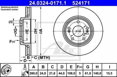 Тормозной диск, PowerDisc, вентилируемый, перфорированный, передний ; левая/правая, ср. внешний 280 мм, т.е. 24 мм, 1 шт. RENAULT ESPACE III, LAGUNA I, SAFRANE I, SAFRANE II 1.8-3.0 12.92-08.03 ATE 24.0324-0171.1 (фото 1)