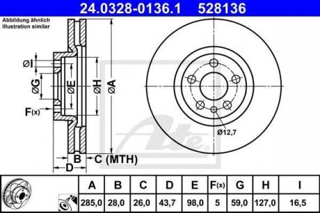Тормозной диск, PowerDisc, вентилируемый, перфорированный, передний ; левая/правая, ср. внешний 285 мм, т.е. 28мм, 1шт. CITROEN C8, JUMPY; FIAT SCUDO, ULYSSE; LANCIA PHEDRA 1.6-2.2D 10.95- ATE 24.0328-0136.1