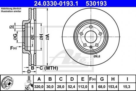 Тормозной диск, PowerDisc, вентилируемый, перфорированный, передний ; левая/правая, ср. внешний 320 мм, т.е. 30 мм, 1 шт. AUDI A4 ALLROAD B8, A4 B8, A5, Q5 1.8-3.2 06.07-05.17 ATE 24.0330-0193.1 (фото 1)