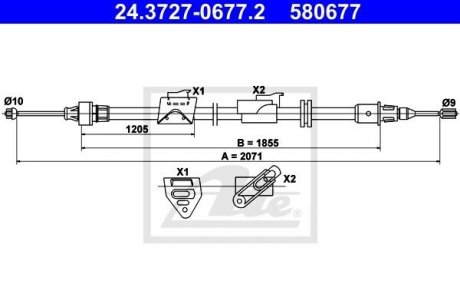 Трос ручного гальма задній права (2071 мм) FORD GALAXY II, GALAXY MK II, MONDEO IV, S-MAX 1.6-2.5 05.06-06.15 ATE 24.3727-0677.2