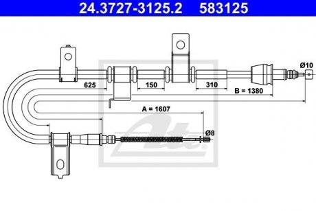 Трос ручного гальма задній права (1607 мм/1380 мм) HYUNDAI GETZ 1.1-1.6 09.02-12.10 ATE 24.3727-3125.2