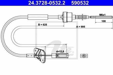 Трос зчеплення (995 мм/625 мм) FIAT 500, 500 C, PANDA; FORD KA 1.0-1.2LPG 09.03- ATE 24.3728-0532.2