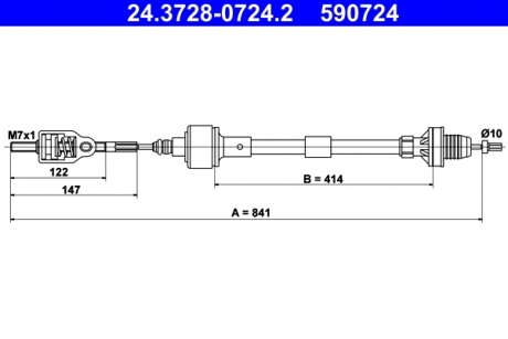 Трос зчеплення (841 мм/414 мм) OPEL CORSA B 1.0 11.96-09.00 ATE 24.3728-0724.2