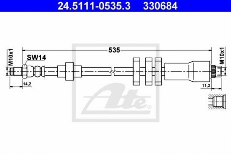Гибкий тормозной шланг передний левый/правый (длина 535мм, M10x1/M10x1) PEUGEOT 406 1.8-3.0 11.95-10.04 ATE 24.5111-0535.3 (фото 1)