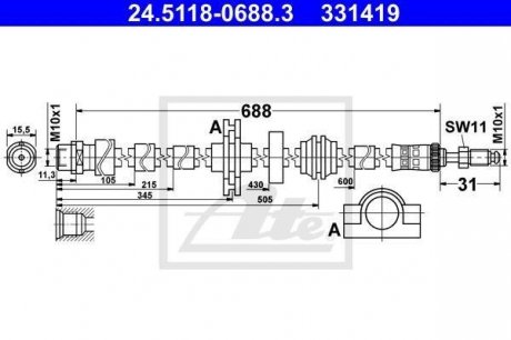Гибкий тормозной шланг передний левый/правый (длина 718мм, M10x1/M10x1) BMW 5 (F10), 5 (F11), 5 GRAN TURISMO (F07), 6 (F12), 6 (F13), 6 GRAN COUPE (F06), 7 (F01, F02, F03 1.6-Electric 02.08- ATE 24.5118-0688.3