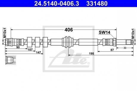 Гнучкий гальмівний шланг задній лівий/правий (довжина 405 мм/195 мм, M10x1/M10x1) AUDI A4 ALLROAD B8 2.0/2.0D/3.0D 04.09-05.16 ATE 24.5140-0406.3 (фото 1)
