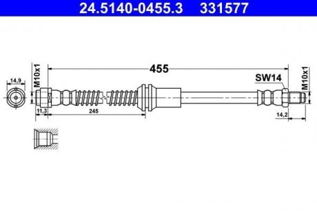 Передний тормозной шланг (длина 455 мм, M10x1) MERCEDES C T-MODEL (S204), C (W204), E (C207) 2.2D-3.5 07.07-12.16 ATE 24.5140-0455.3