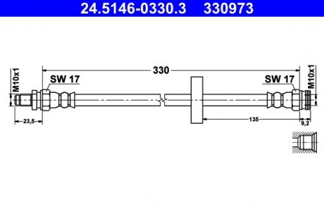 Гнучкий гальмівний шланг задній лівий/правий (довжина 330 мм, M10x1/M10x1) SMART CABRIO, CITY-COUPE, CROSSBLADE, FORTWO 0.6/0.7/0.8D 07.98-02.07 ATE 24.5146-0330.3 (фото 1)