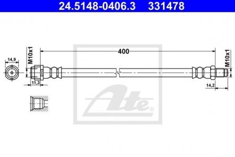 Передний тормозной шланг EPDM левая/правая (длина 400 мм, диаметр 10 мм, M10x1) MERCEDES CLS (C218), CLS SHOOTING BRAKE (X218), E T-MODEL (S212), E (W212) 1.8-5.5 01.09-12.17 ATE 24.5148-0406.3 (фото 1)