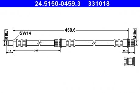 Гнучкий гальмівний шланг задній лівий/правий (довжина 459,6 мм, M10x1/M10x1) MITSUBISHI COLT CZC VI, COLT VI; SMART FORFOUR 1.1-1.5D 01.04-06.12 ATE 24.5150-0459.3