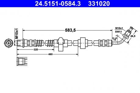 Гнучкий гальмівний шланг задній права (довжина 583,5 мм, M10x1/M10x1) CITROEN C5 II, C5 III, C6; PEUGEOT 407 1.6-3.0D 03.04- ATE 24.5151-0584.3