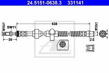 Гальмівний шланг задній лівий (довжина 638 мм, M10x1/M10x1) CITROEN C5 II, C5 III, C6; PEUGEOT 407, 508, 508 I 1.6-3.0D 03.04- ATE 24.5151-0638.3